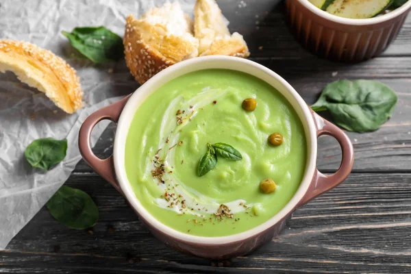 Tasty Zucchini Soup Saucepan Dark Wooden Table — Stock Photo, Image