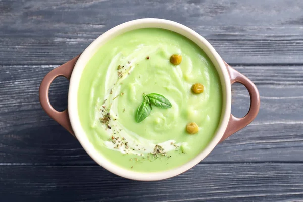 Tasty Zucchini Soup Saucepan Dark Wooden Table — Stock Photo, Image