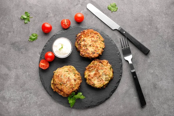 Zucchini Pancakes Sauce Slate Plate — Stock Photo, Image