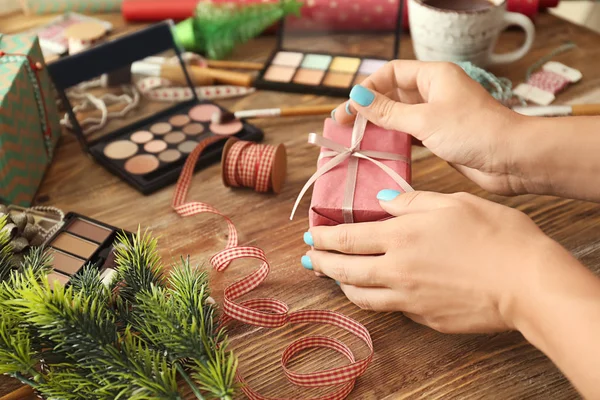 Woman Christmas Present Set Decorative Cosmetics Wooden Background — Stock Photo, Image
