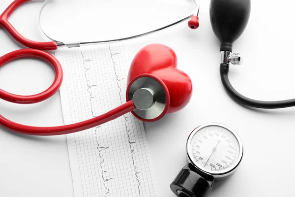 Medical Stethoscope Sphygmomanometer Cardiogram Red Heart White Background Cardiology Concept — Stock Photo, Image