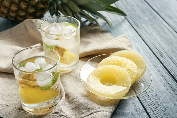 Tasty Drink Ice Pineapple Glasses Wooden Table — Stock Photo, Image