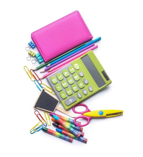 Composition Different School Stationery Calculator White Background — Stock Photo, Image