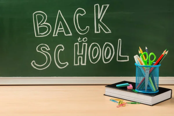 Stationery Table Chalkboard Written Words Back School — Stock Photo, Image