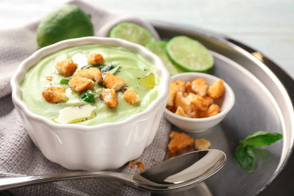 Bowl Delicious Zucchini Soup Croutons Plate — Stock Photo, Image