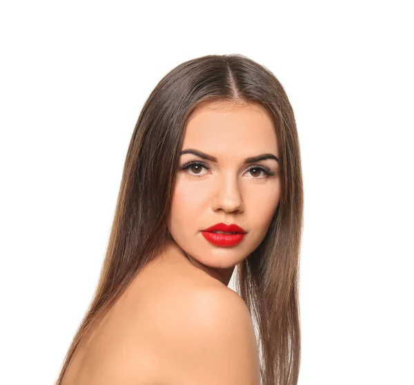 Mulher Bonita Com Batom Vermelho Fundo Branco — Fotografia de Stock