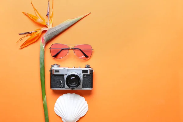 Summer Composition Tropical Flower Camera Sunglasses Color Background — Stock Photo, Image