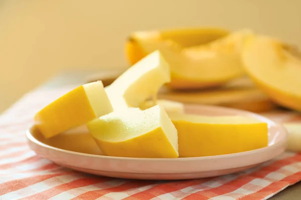 Plate Ripe Sliced Melon Table Closeup — Stock Photo, Image