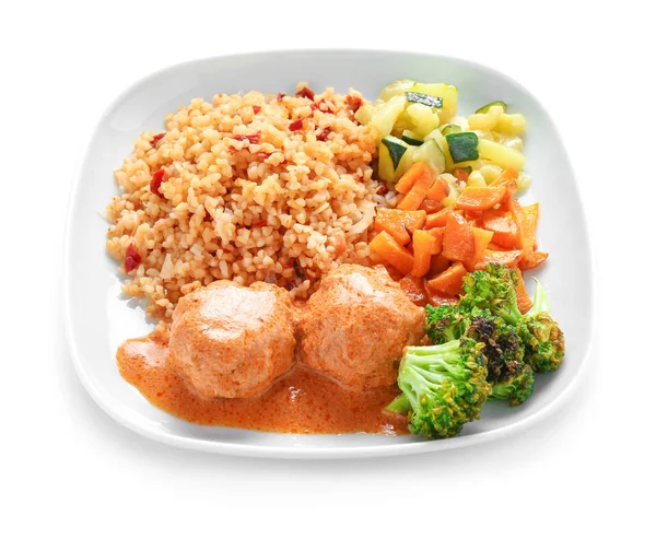 Tasty Boiled Rice Meatballs Vegetables Plate Isolated White — Stock Photo, Image