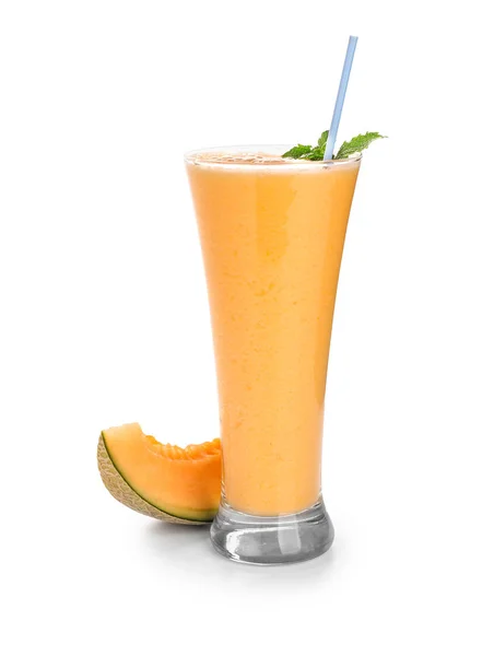 Glas Met Smakelijke Meloen Smoothie Witte Achtergrond — Stockfoto