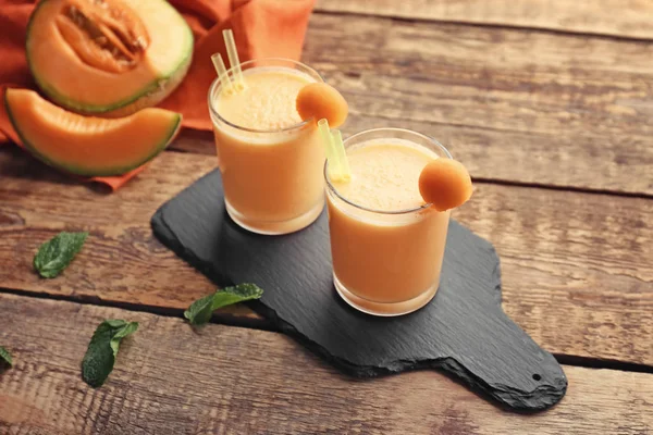 Glasses Tasty Melon Smoothie Wooden Table — Stock Photo, Image