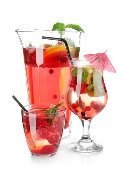 Jug Glasses Fresh Raspberry Lemonade White Background — Stock Photo, Image