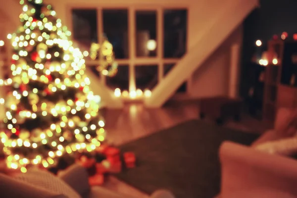 Rozmazaný Pohled Pokoj Krásnou Vánoční Stromeček — Stock fotografie