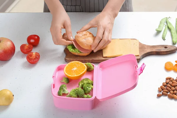 Mother Making Sandwich School Lunch Table Kitchen — Stock Photo, Image