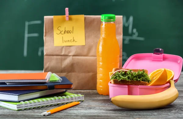 Lunch Box Appetizing Food Stationery Table Classroom — Stock Photo, Image