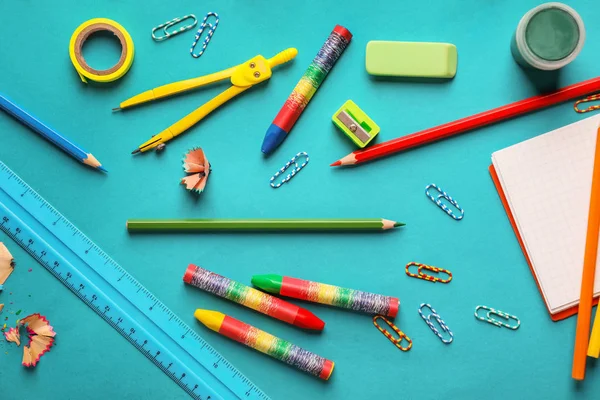 Composition Different School Stationery Color Background — Stock Photo, Image