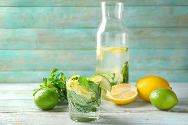 Glass Fresh Mojito Lime Lemon Light Wooden Table — Stock Photo, Image