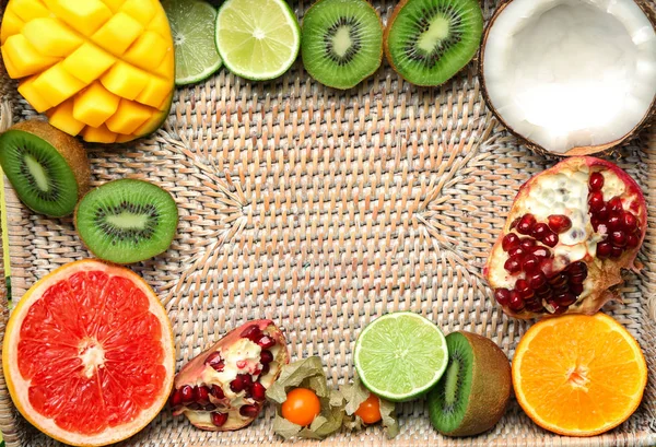 Wicker Tray Various Delicious Fruits Top View — Stock Photo, Image