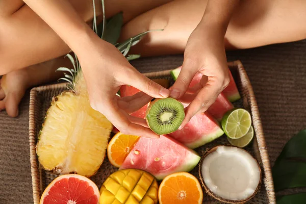 Young Woman Various Delicious Fruits Sitting Bed — Stock Photo, Image