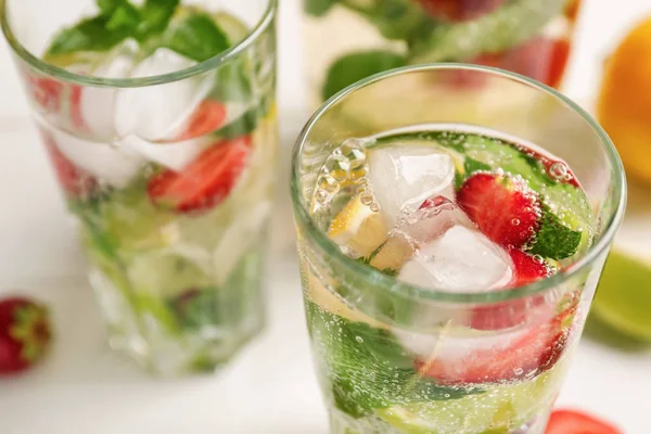 Glasses Fresh Strawberry Lemonade Light Table Closeup — Stock Photo, Image