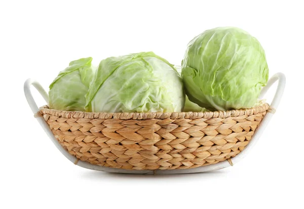 Wicker Basket Fresh Cabbage White Background — Stock Photo, Image