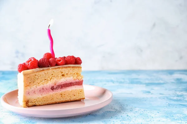 Piece Delicious Birthday Cake Burning Candle Plate — Stock Photo, Image