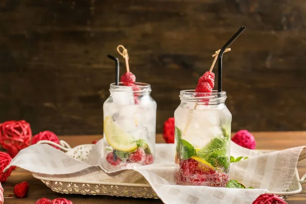 Mason Jars Fresh Raspberry Lemonade Tray — Stock Photo, Image