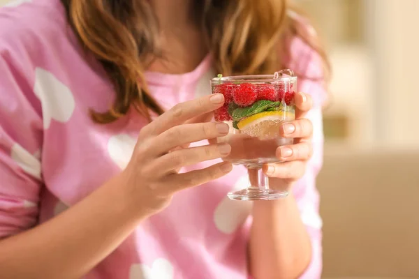 Woman Drinking Fresh Raspberry Lemonade Home Closeup — Stock Photo, Image