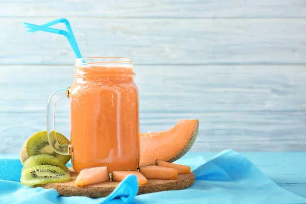 Mason Jar Tasty Melon Smoothie Wooden Table — Stock Photo, Image