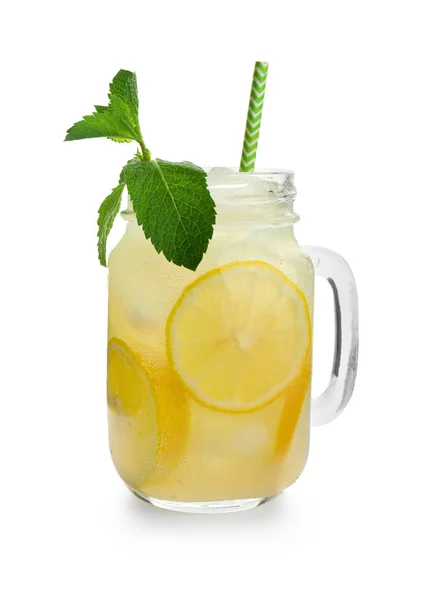 Vasetto Massone Limonata Fresca Fondo Bianco — Foto Stock