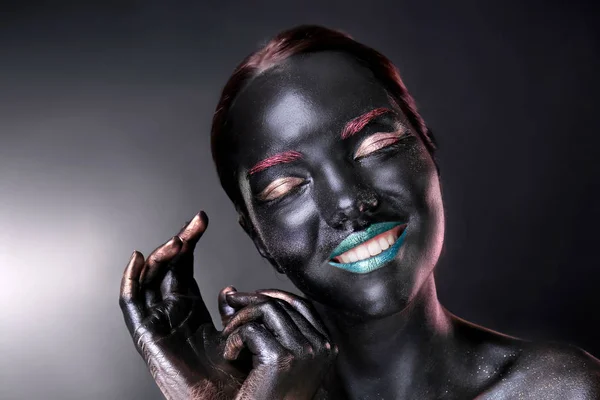 Portrait Beautiful Young Woman Surreal Makeup Dark Background — Stock Photo, Image