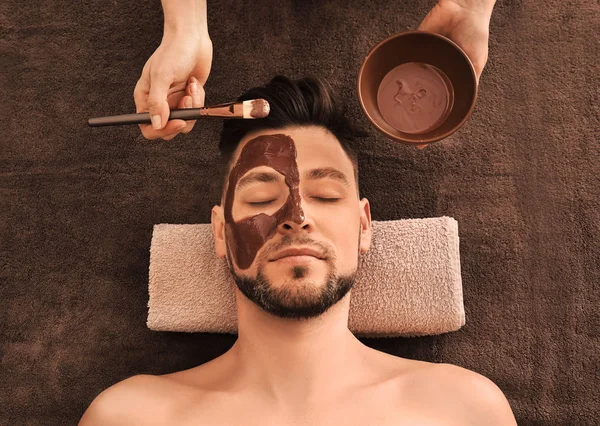 Beautician Applying Cosmetic Mask Man Face Spa Salon — Stock Photo, Image