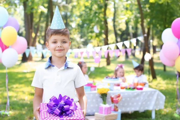 Cute Little Boy Gift Box Birthday Party Outdoors — Stock Photo, Image