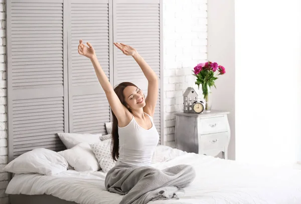 Morning Beautiful Woman Stretching Bedroom Home — Stock Photo, Image