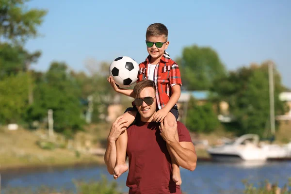 Little Boy His Dad Soccer Ball Outdoors — Stock Photo, Image