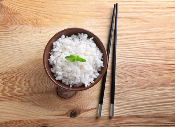 Bowl Boiled White Rice Wooden Table — Stock Photo, Image