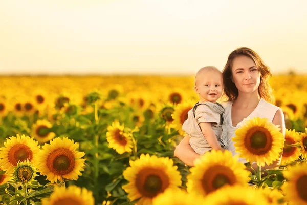 Beautiful Woman Her Little Son Sunflower Field Sunny Day — Stock Photo, Image