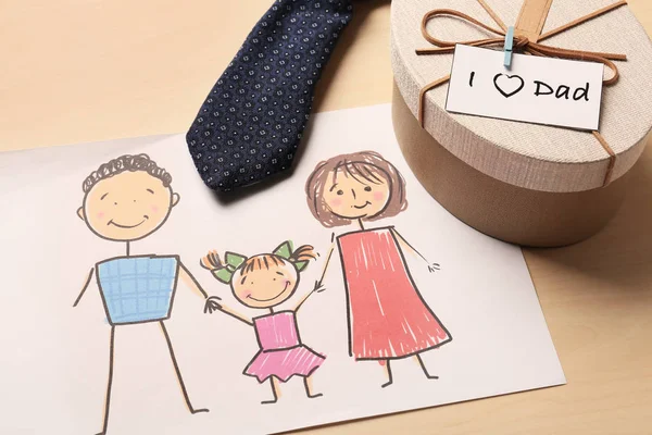 Disegno Bambini Famiglia Scatola Regalo Cravatta Sfondo Legno Festa Del — Foto Stock