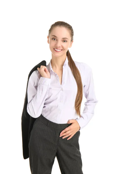 Schöne Geschäftsfrau Auf Weißem Hintergrund — Stockfoto