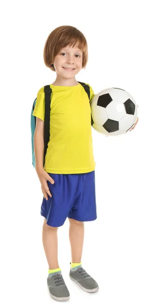 Lekfull Liten Pojke Med Fotboll Vit Bakgrund — Stockfoto