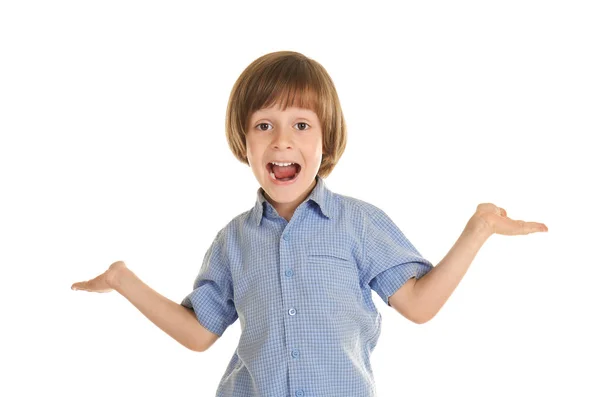 Pequeño Niño Emocional Sobre Fondo Blanco — Foto de Stock