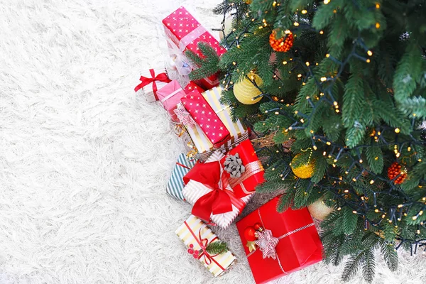 Many Christmas Gifts Floor Fir Tree — Stock Photo, Image