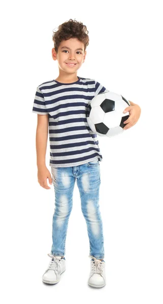 Verspielter Kleiner Junge Mit Fußball Auf Weißem Hintergrund — Stockfoto