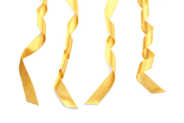 Golden Satin Ribbons White Background — Stock Photo, Image