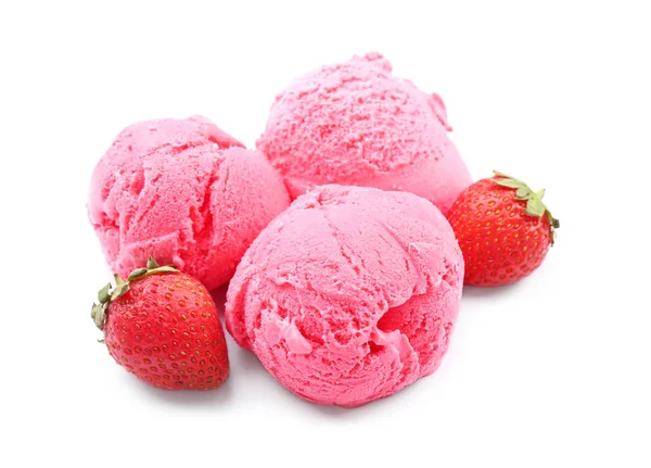 Tasty Strawberry Ice Cream Balls White Background — Stock Photo, Image