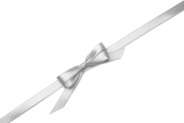 Silver Ribbon Bow White Background — Stock Photo, Image