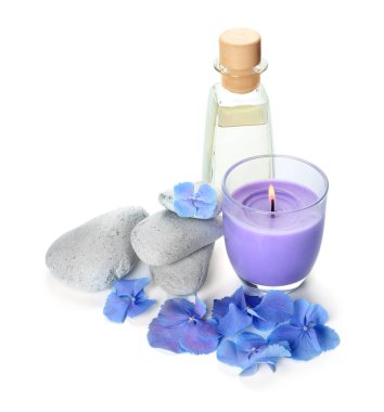 Beyaz zemin üzerine ortanca çiçek ile güzel spa kompozisyon