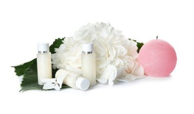 Beyaz zemin üzerine ortanca çiçek ile güzel spa kompozisyon