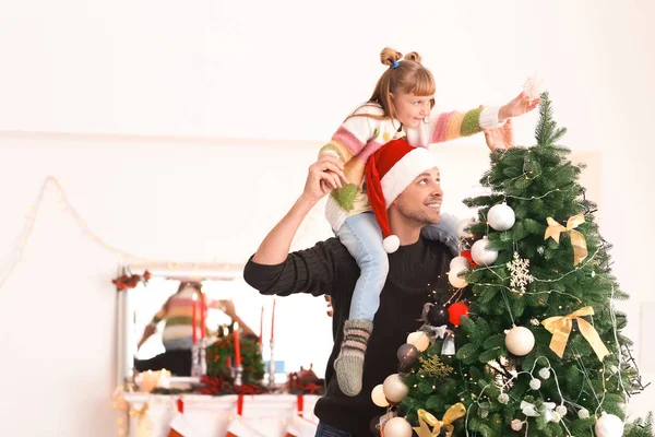 Cute Girl Father Decorating Christmas Tree Room — Stock Photo, Image