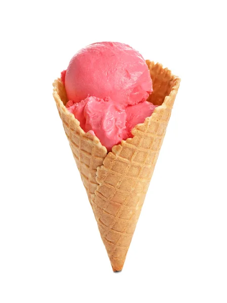 Cono Cialde Con Delizioso Gelato Alla Fragola Sfondo Bianco — Foto Stock